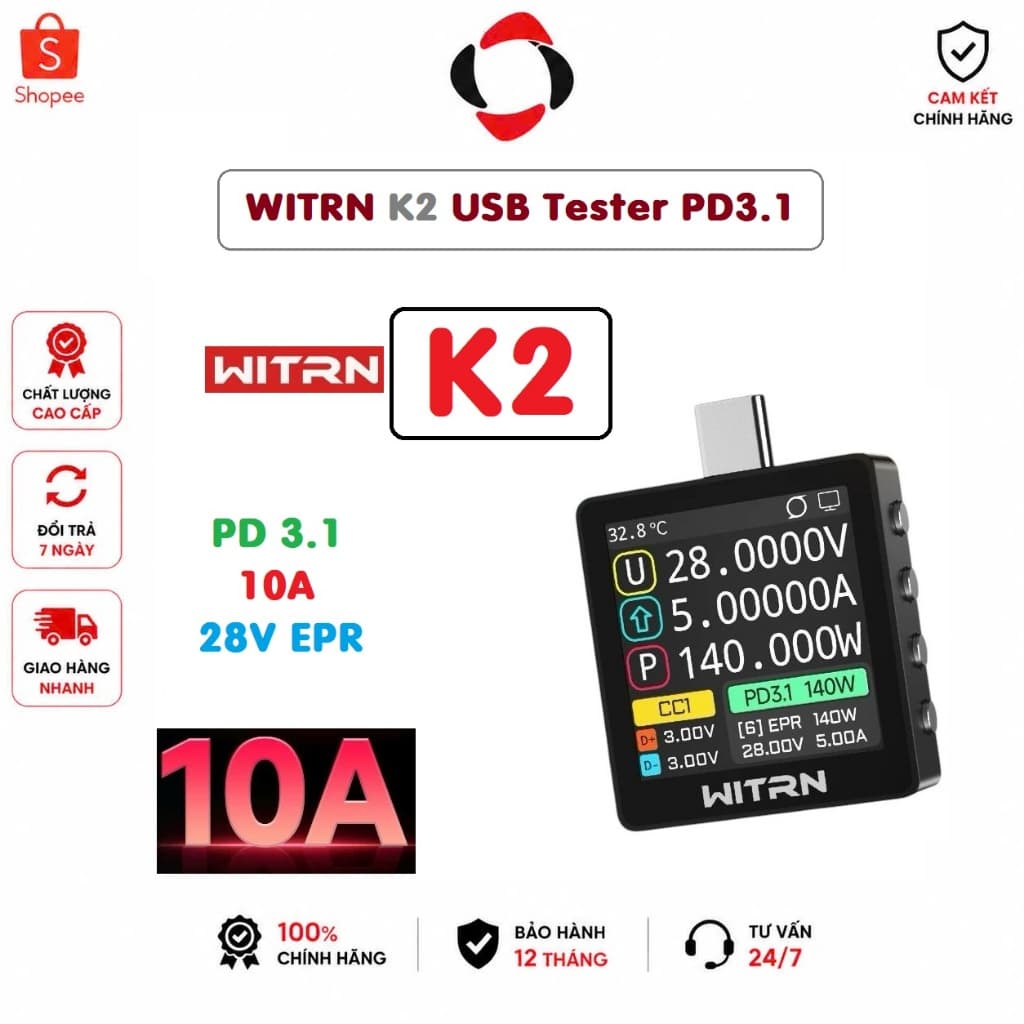 WITRN K2 Máy đo cường độ dòng sạc Type C 240W | USB Tester PD3.1 Phát Hiện Giao Thức Sạc Nhanh 28V EPR