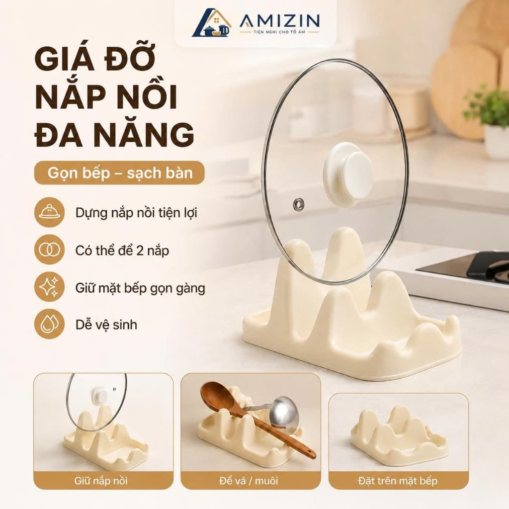 Giá Đỡ Úp Nắp Nồi 3 Ngăn Chữ U - Kệ Gác Để Nắp Vung Xoong Nồi Thìa Đũa Bằng Nhựa Chống Trượt Cao Cấp AMIZIN