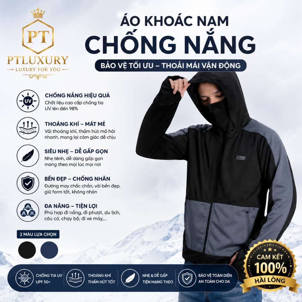 Áo chống nắng nam PTLUXURY 2 lớp chất vải cao cấp thoáng mát thấm hút mồ hôi chống tia UV tuyệt đối