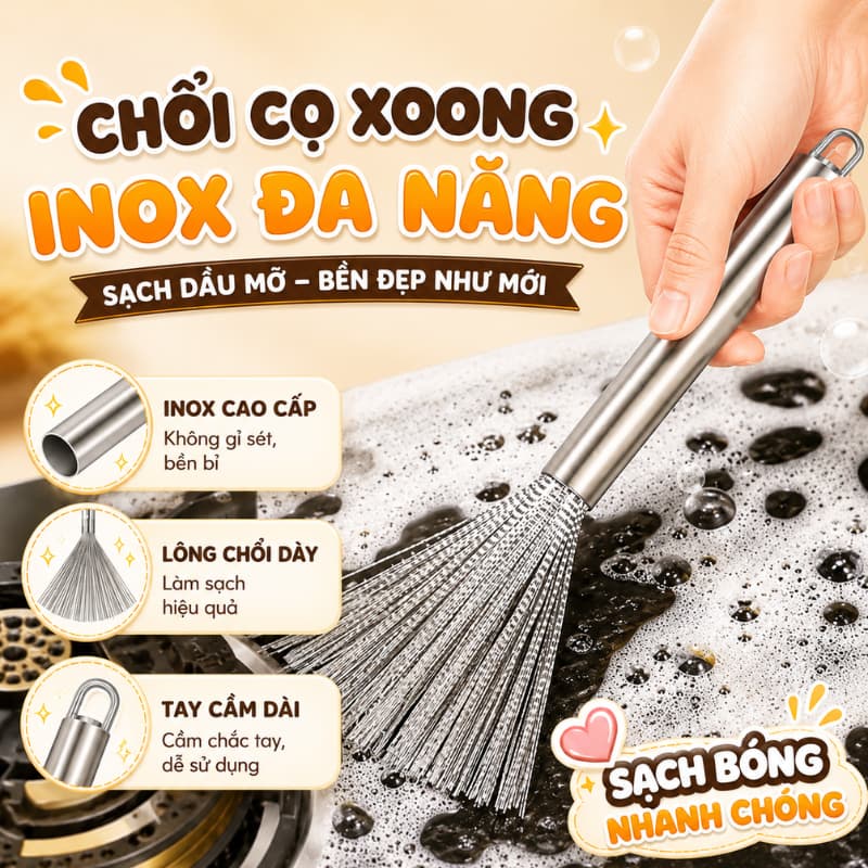 Chổi Cọ Bát Đĩa Đa Năng INOX 304 Bền Đẹp, Thiết Kế Thông Minh Làm Sạch Nhanh Không Chạm Tay