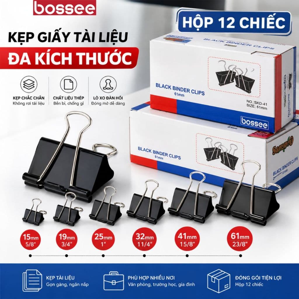 Kẹp Bướm Đen Sơn Tĩnh Điện Cao Cấp Hộp 12 Chiếc Đủ Size từ 15/19/25/32/41/51/61 mm Văn Phòng Phẩm Giá Tốt_ Bossee