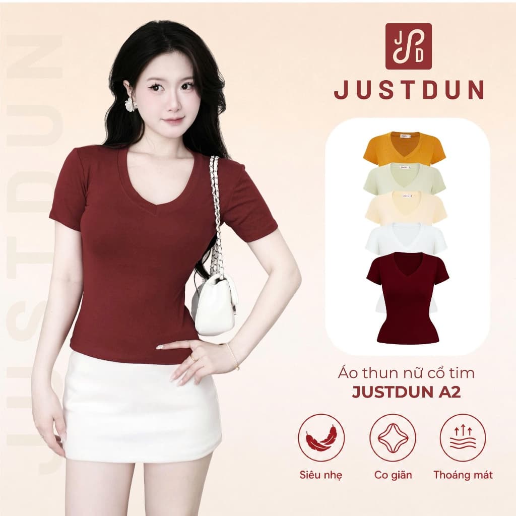 Áo Thun Nữ Basic Cổ Tim Trơn JUSTDUN A2 – Chất Cotton Lông Mịn Cao Cấp, Co Giãn 4 Chiều