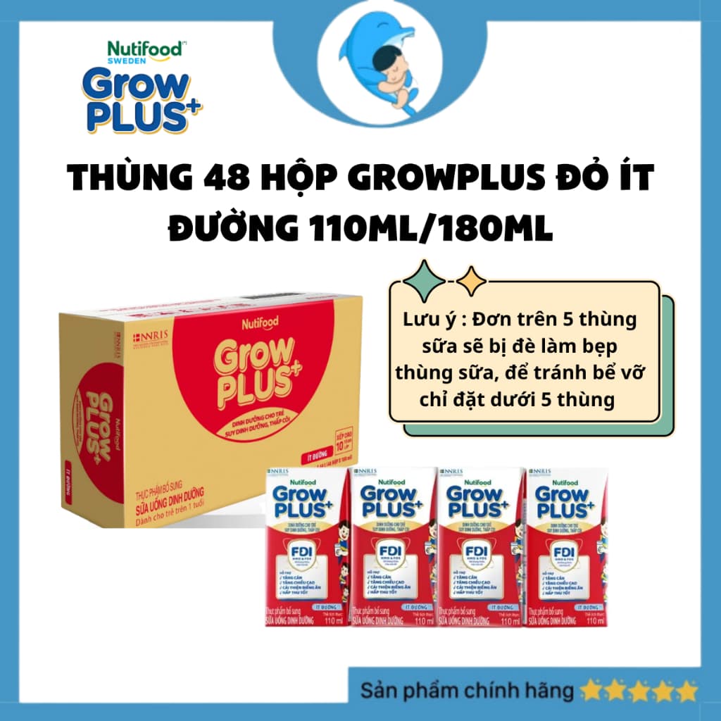 Thùng 48 hộp sữa pha sẵn Grow Plus ĐỎ ÍT ĐƯỜNG  hỗ trợ tăng cân tăng chiều cao 110ml/180ml MECAHEO