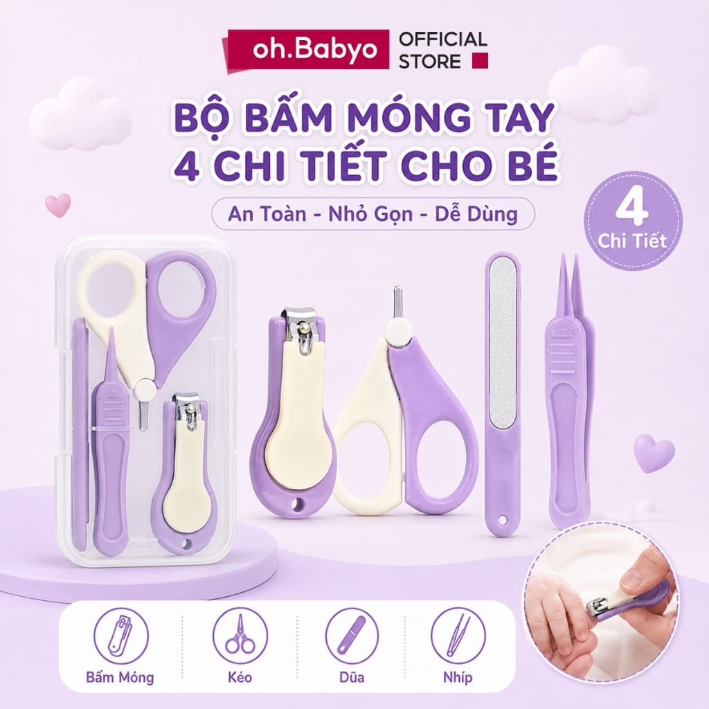 Bộ Bấm Móng Tay Cho Bé Sơ Sinh Dụng Cụ Cắt Móng Tay 4 Chi Tiết Thép Không Gỉ ohBabyo Cao Cấp