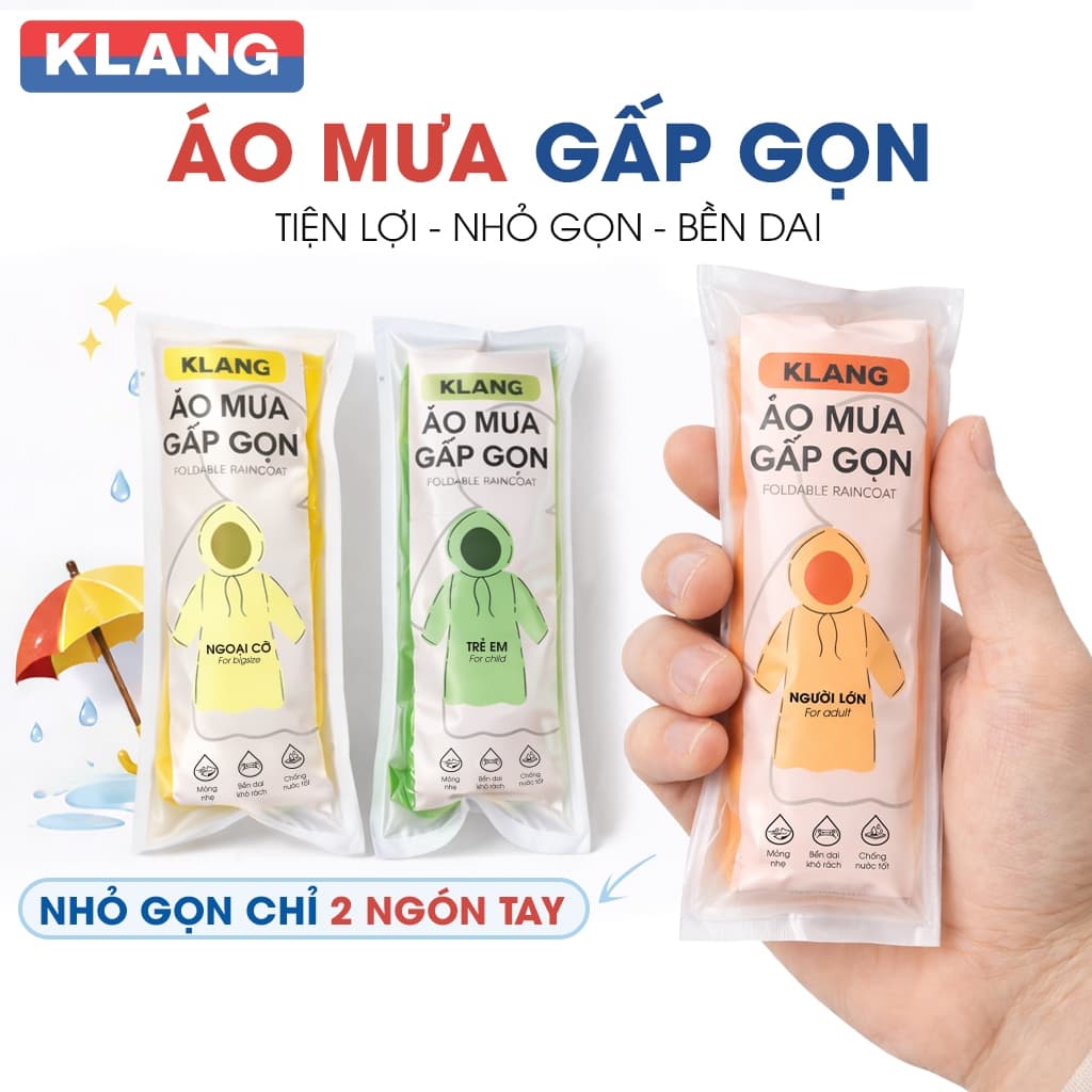Áo Mưa Gấp Gọn Klang Mỏng Nhẹ Dai, Nhỏ Gọn Bỏ Túi, Chống Thấm Nước Tốt,Có Thể Tái Sử Dụng