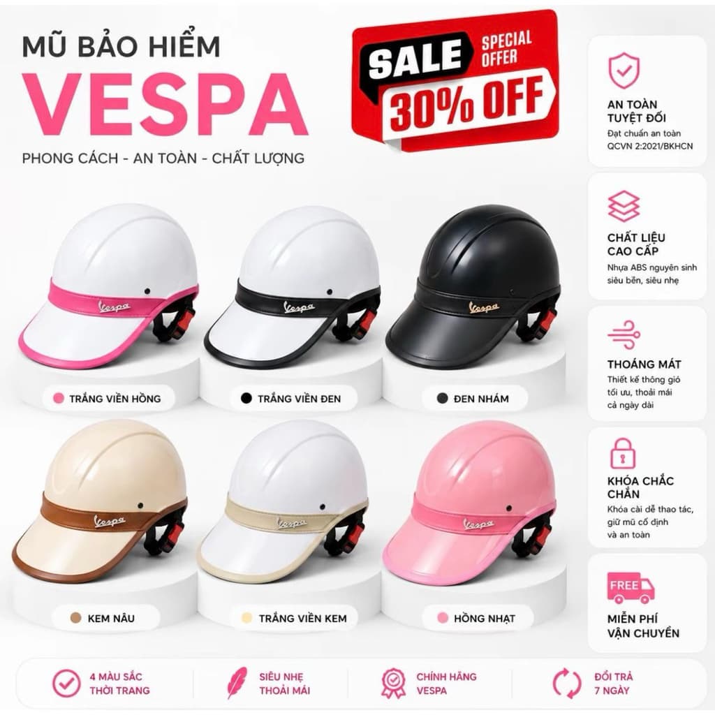 [Giá Xả] Mũ Bảo Hiểm Vespa Lưỡi Trai Nam Nữ Nhiều Màu Sắc