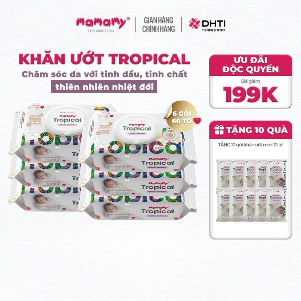 [MUA 6 TẶNG 10] MUA 6 gói khăn ướt Mamamy Tropical 60 tờ không mùi TẶNG 10 gói khăn ướt Tropical mini 10 tờ