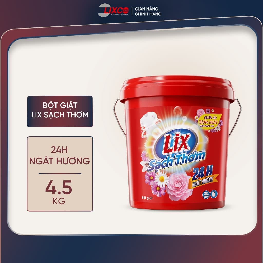 Bột giặt Lix Sạch Thơm hương hoa xô 4.5kg tăng gấp đôi sức mạnh giặt tẩy, dùng cho giặt tay, máy, 24H ngát hương - 00329