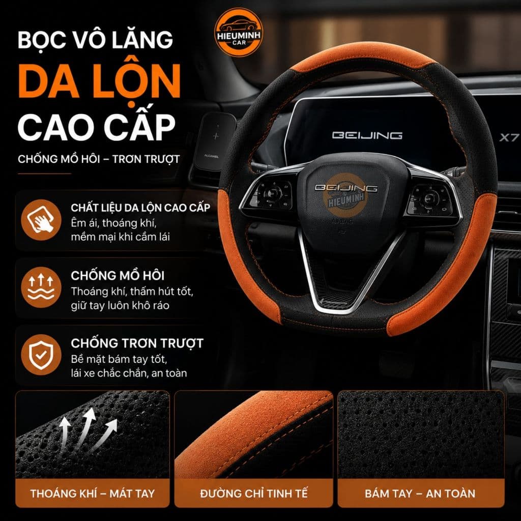 Bọc vô lăng ô tô 3 mảnh da lộn Alcantara HieuMinhCar, JOYTUS kết hợp vân carbon bên trong, mỏng nhẹ chống mồ hôi tay