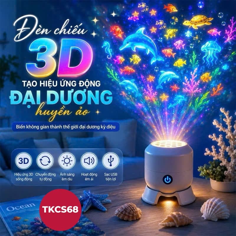 Đèn chiếu 3D tạo hiệu ứng động đại dương, giao thông, giáng sinh,  Đèn Led xoay tự động 360 độ, đèn ngủ tạo không khí