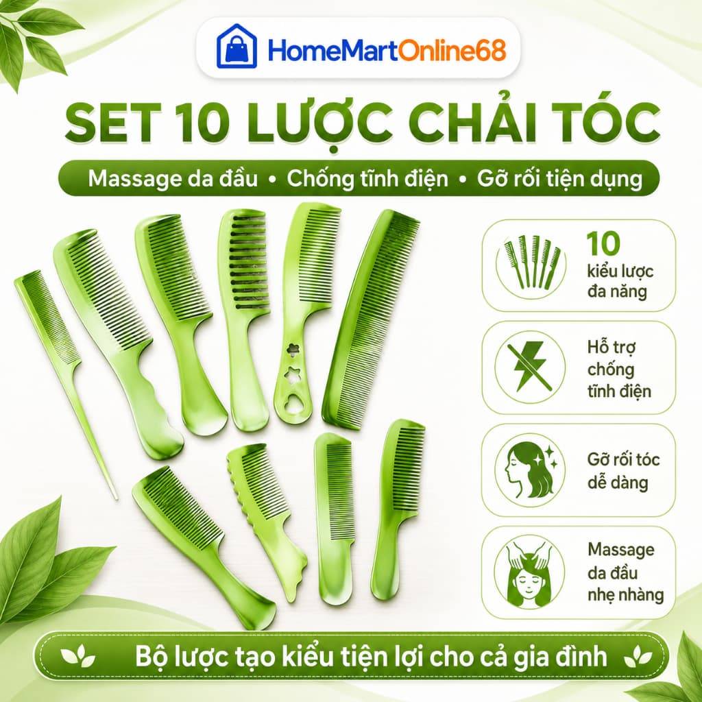 Set 10 Lược Chải Tóc Massage Da Đầu Chống Tĩnh Điện, Lược Gỡ Rối Tóc Mềm Mại, Phù Hợp Mọi Loại Tóc - HomeMartOnline68