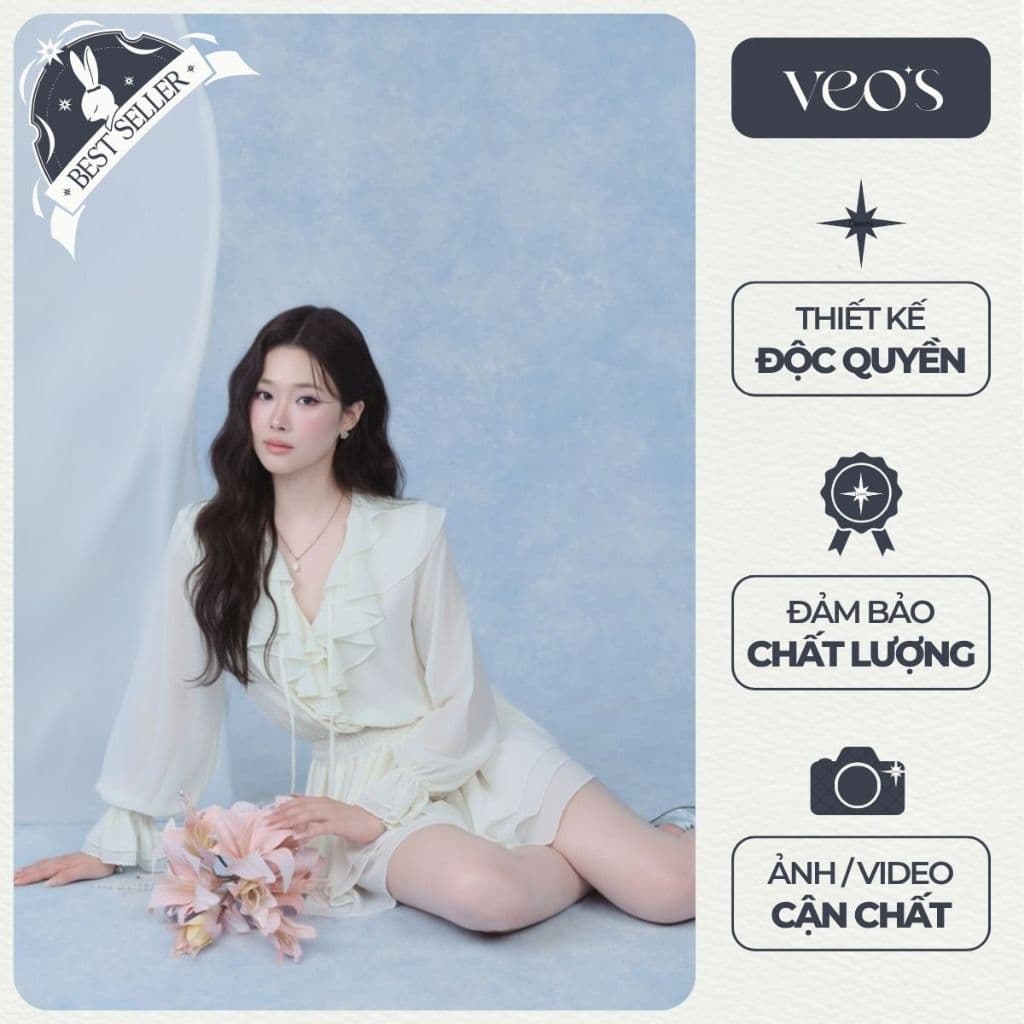 Váy Chiffon Nhún Eo Cổ V Bèo Thiết Kế Veos Tay Bồng Eo Chun Co Giãn Màu Kem Thanh Lịch Nữ Tính - Flore Dress