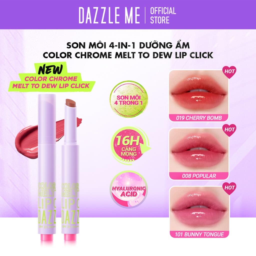 Son môi 4-in-1 DAZZLE ME Color Chrome Melt to Dew Lip Click dưỡng màu đẹp ẩm căng bóng đôi môi 2g