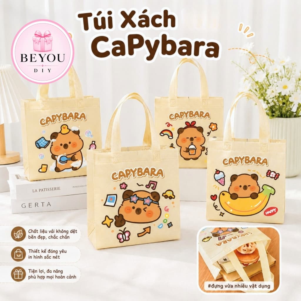 Túi Tote Vải Không Dệt Capybara Dễ Thương Túi Xách Đựng Đồ Cá Nhân Nhỏ Gọn Đi Học Đi Làm Tái Sử Dụng