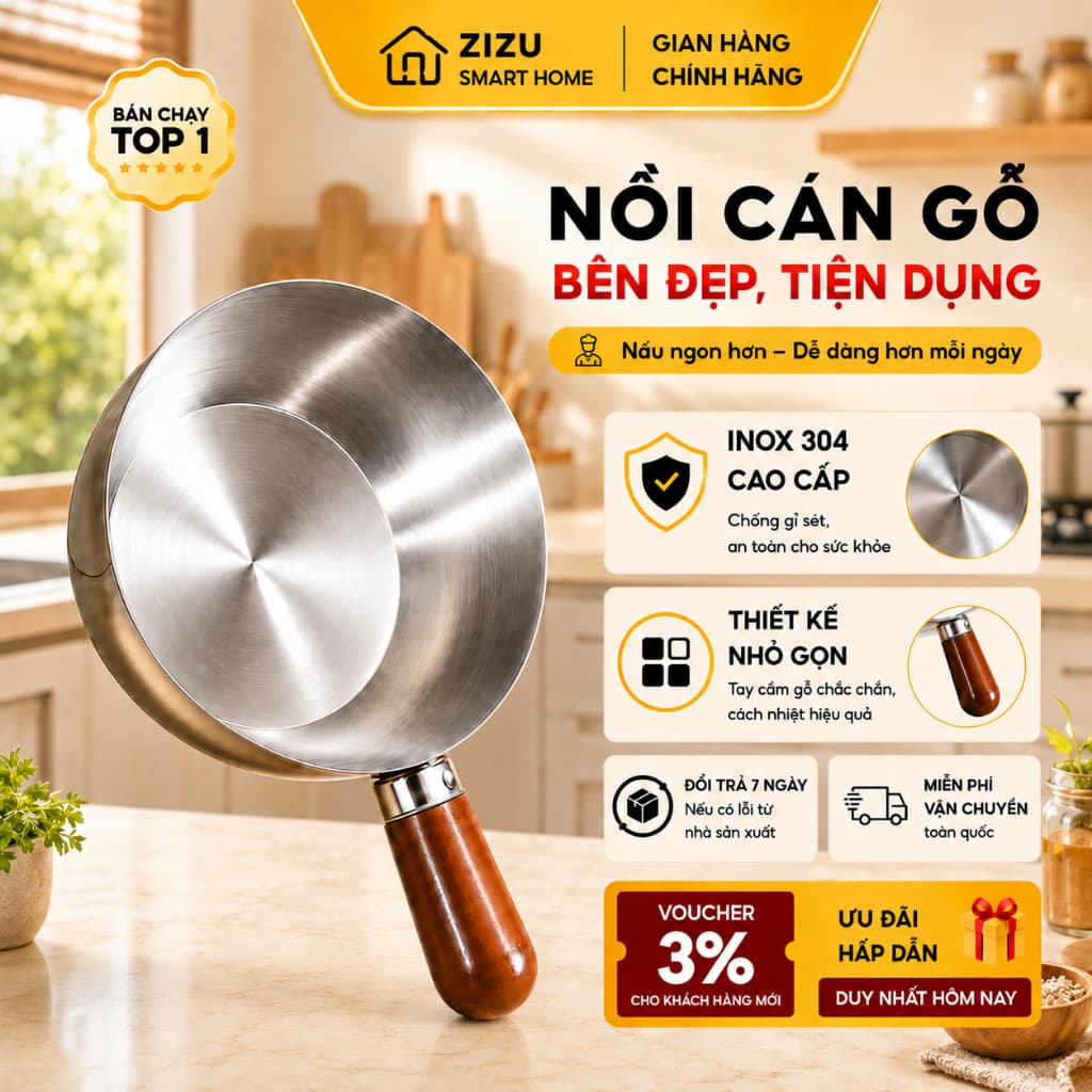 Nồi Mini Inox Cán Gỗ 14cm,Chống Bỏng ,Tay Cầm Chắc Chắn,Nấu Mì,Đun Sữa,Dùng Được Bếp Gas & Bếp Từ