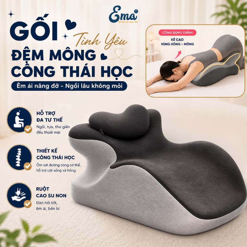 Gối Tình Yêu EMA Thiết Kế Công Thái Học Không Xẹp Lún, Gối Kê Lưng Hông Kê Chân Thư Giãn Cho Cặp Đôi