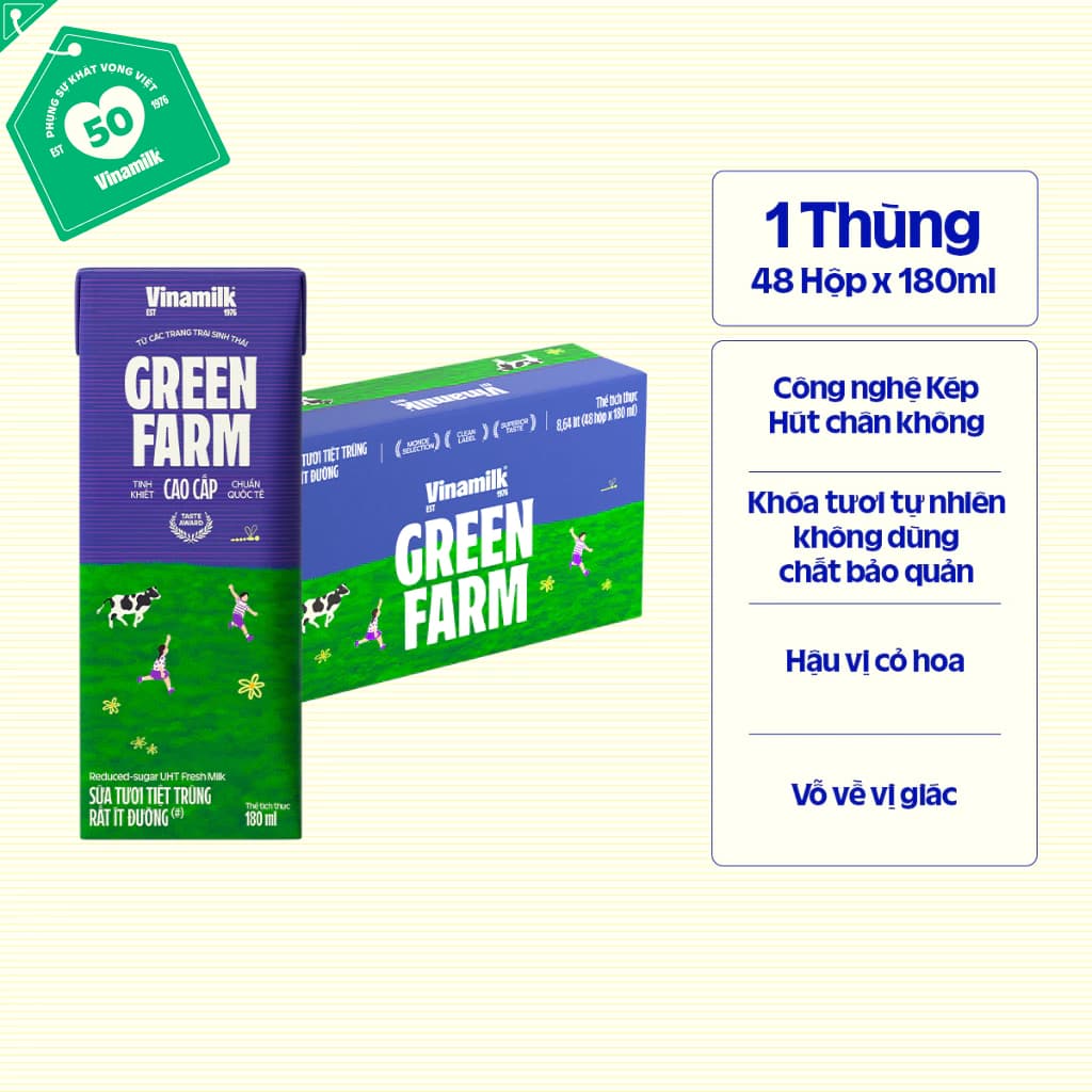Thùng 48 Hộp Sữa Tươi Tiệt Trùng Vinamilk Green Farm Rất ít đường 180ml