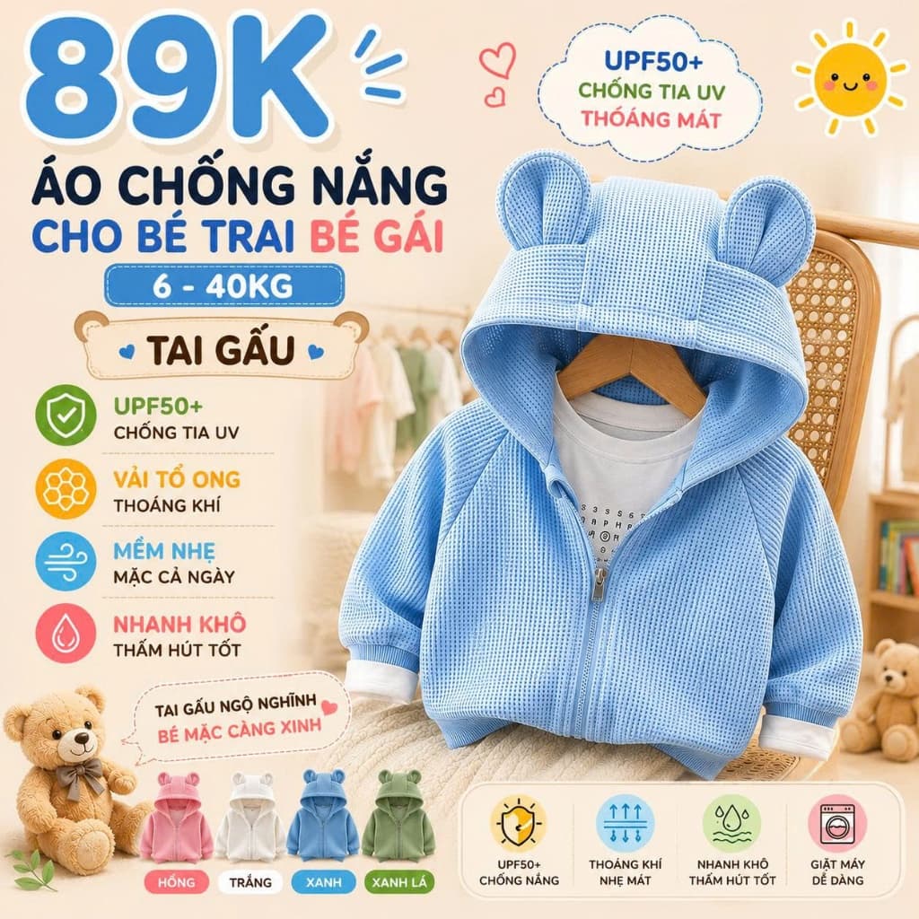 ÁO KHOÁC CHỐNG NẮNG CHO BÉ TRAI BÉ GÁI – VẢI TỔ ONG THOÁNG KHÍ, CHỐNG TIA UV UPF50+ 6–40KG N4