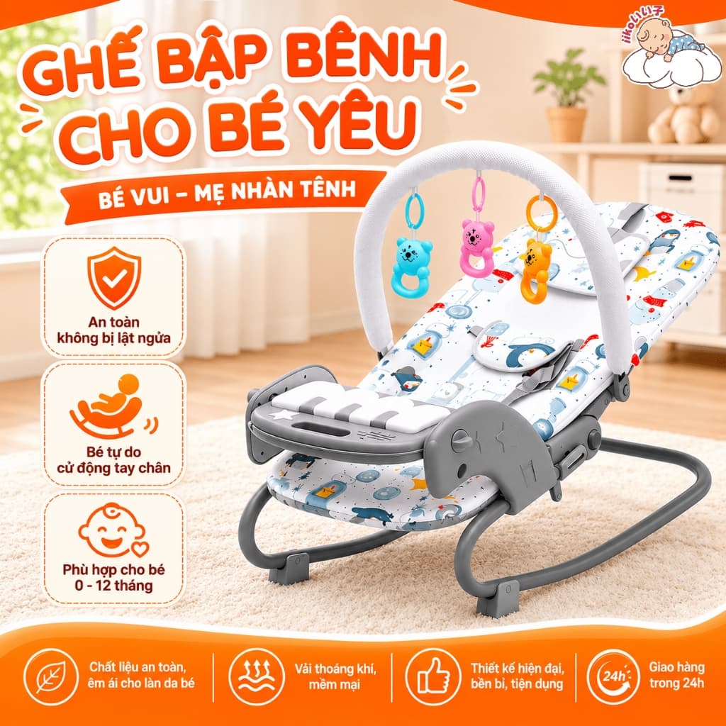 ​iiko Ghế Bập Bênh Nhún Nhạc Đàn Piano Cho Bé - Âm Nhạc Ánh Sáng, Nệm Êm, 3 Điều Chỉnh