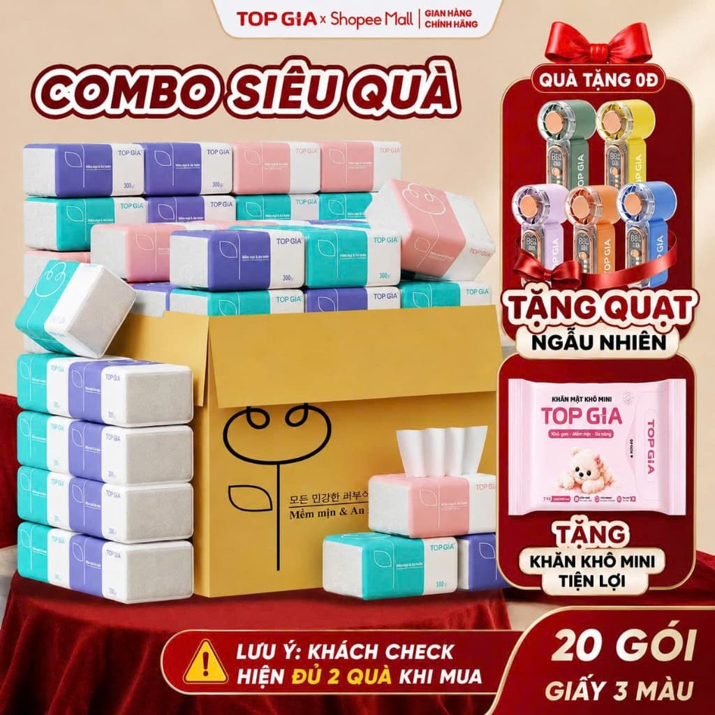 (COMBO QUÀ) Thùng 20 gói giấy ăn rút Topgia 3 màu cao cấp 4 lớp, mềm mịn