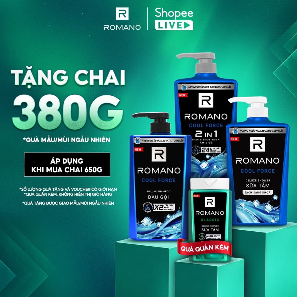 [LIVE] [TẶNG Chai 380g] Tắm gội 2in1/ Sữa tắm/ Dầu gội Romano hương Nước hoa Cool Force 650g/chai (Tặng mùi ngẫu nhiên)