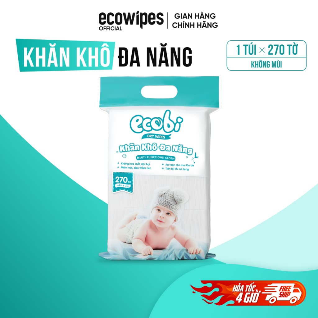 Khăn vải khô đa năng cao cấp cho bé Ecobi túi 270 tờ 345g mềm mịn dai thấm hút tốt