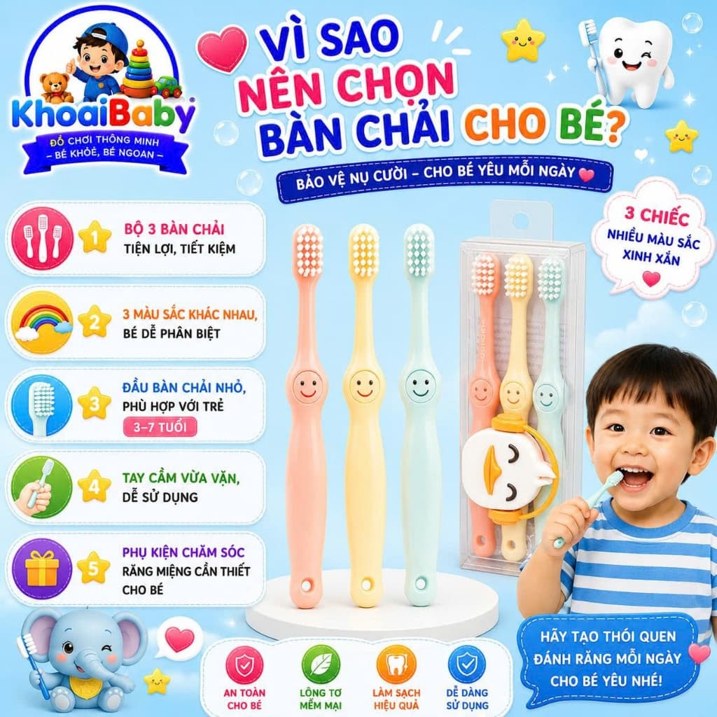 Bàn chải đánh răng cho bé, Set 3 Bàn Chải Đánh Răng Sợi Tơ Siêu Mềm Mịn Cho Bé -Shop Mẹ Khoai