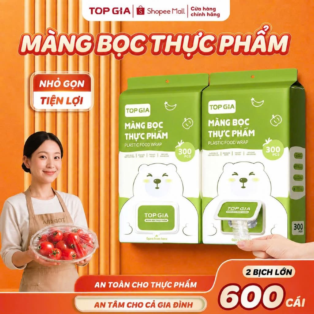 Màng bọc thực phẩm Topgia chất liệu PE co dãn miệng chun siêu dai an toàn tiện lợi túi 300 chiếc