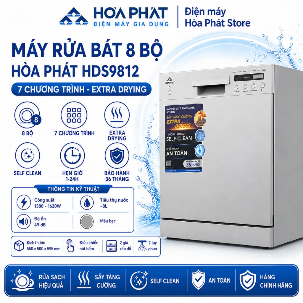 Máy rửa bát Hòa Phát 8 bộ HDS9812 - Hàng chính hãng - Tặng kèm viên rửa bát - Bảo hành 3 năm