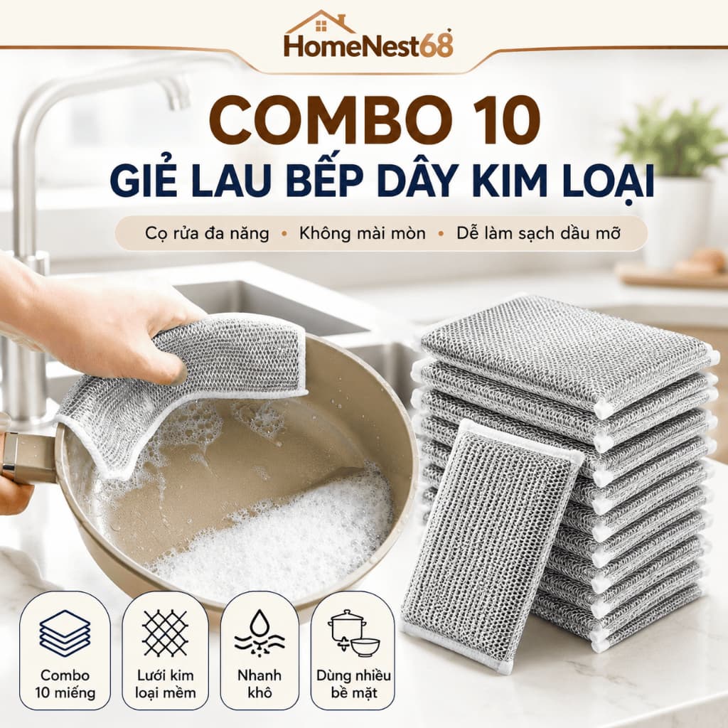 Combo 10 Giẻ Lau Bếp Dây Kim Loại Cọ Rửa Xoong Nồi, Chén Bát, Bồn Rửa Đa Năng, Không Mài Mòn | HomeNest68