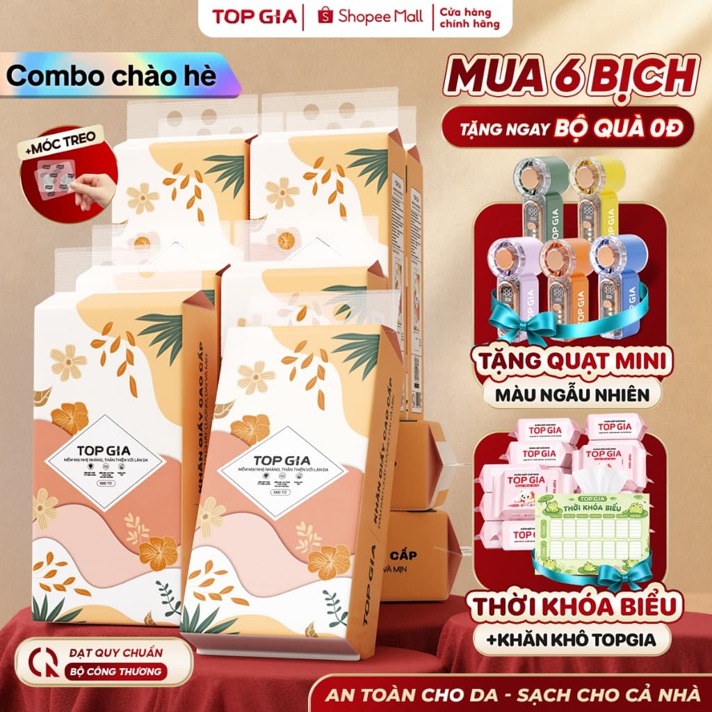[QÙA TẶNG ĐỘC QUYỀN] Khăn giấy Tiểu Hạ Topgia thùng 6 bịch 6000 tờ dày dặn mềm mịn thấm hút tốt