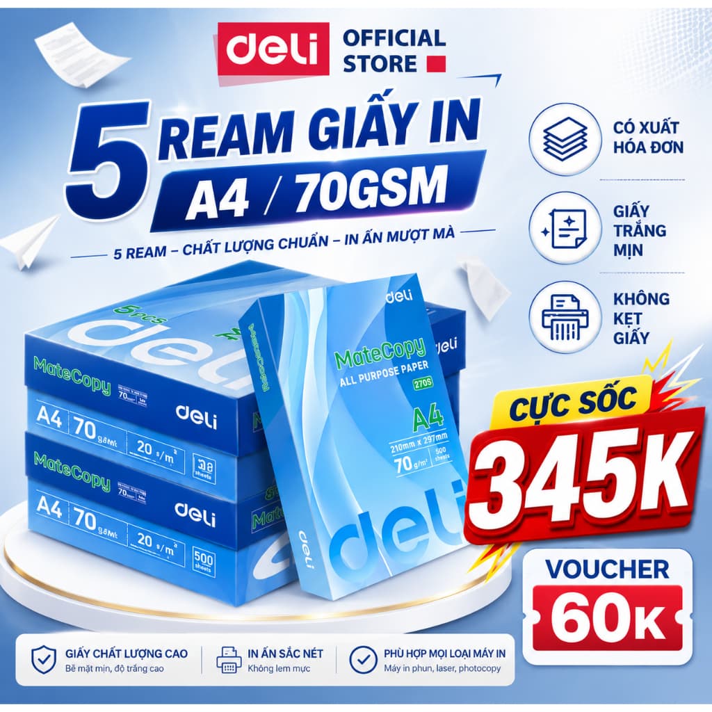 [MUA 3 GIẢM 30%] Thùng 5 Ream Giấy A4 Deli Giấy In Photo Copy 70gsm Chính Hãng Loại Dày Ream 500 Tờ Chống Lóa Giấy Mắt
