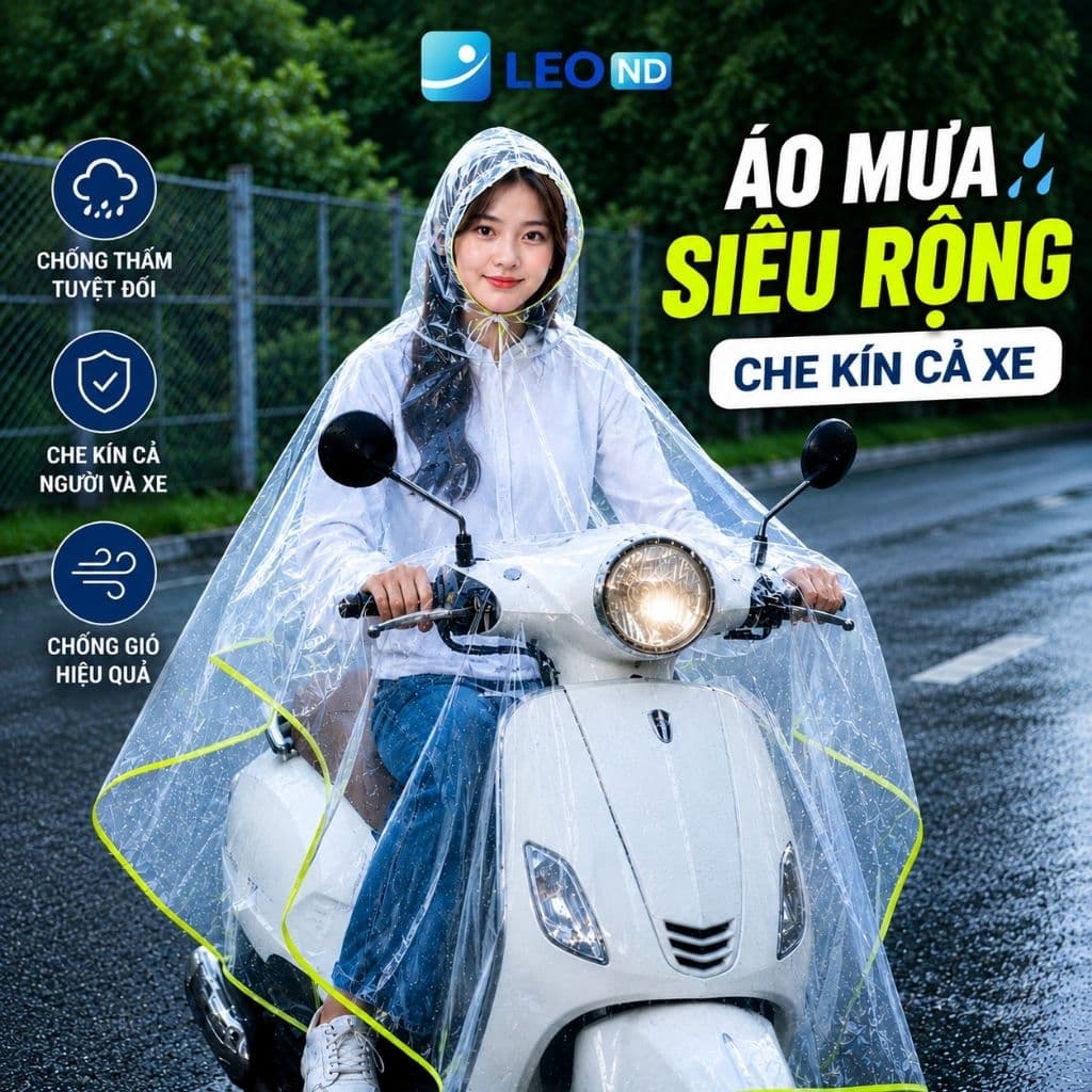 Áo Mưa Choàng Xe Máy PVC Trong Suốt, Có Phản Quang, Chống Nước Tuyệt Đối Che Kín Người Và Xe ( Loại To )