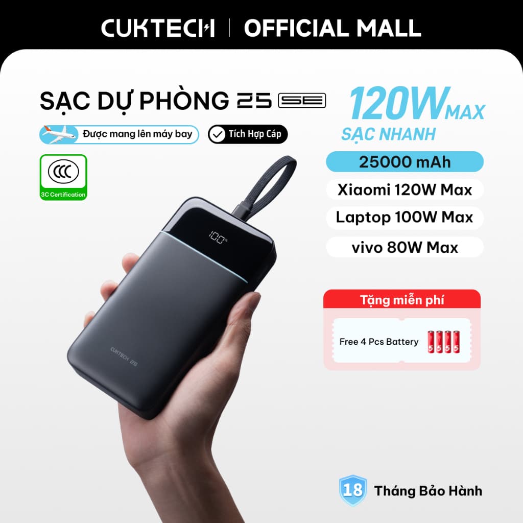 CUKTECH 120W 25000mAh Sạc Nhanh Công Suất Cao Pin Dự Phòng – Hỗ Trợ Xiaomi 120W Laptop 100W Samsung 45W iP16/15/14