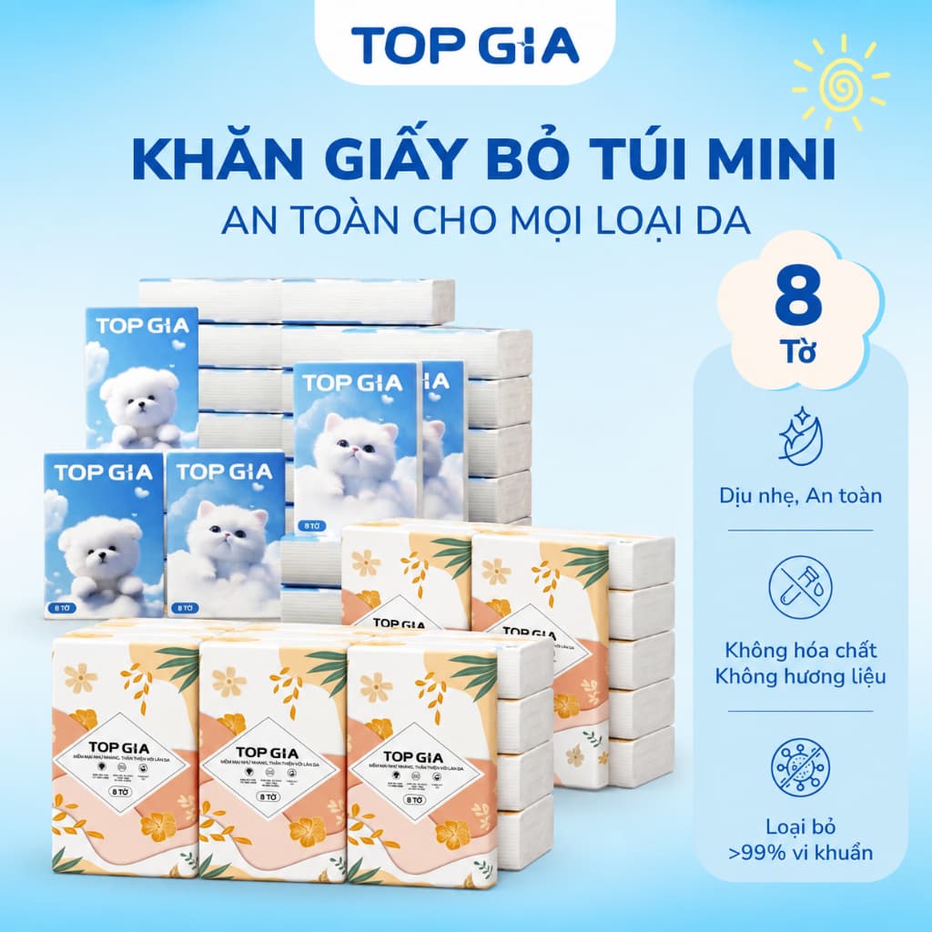 Khăn Giấy Mini Bỏ Túi Thương Hiệu Top Gia Nhỏ Gọn Tiện Lợi, Gói 8 Tờ, Không Gây Kích Ứng Da An Toàn Cho Sức Khỏe