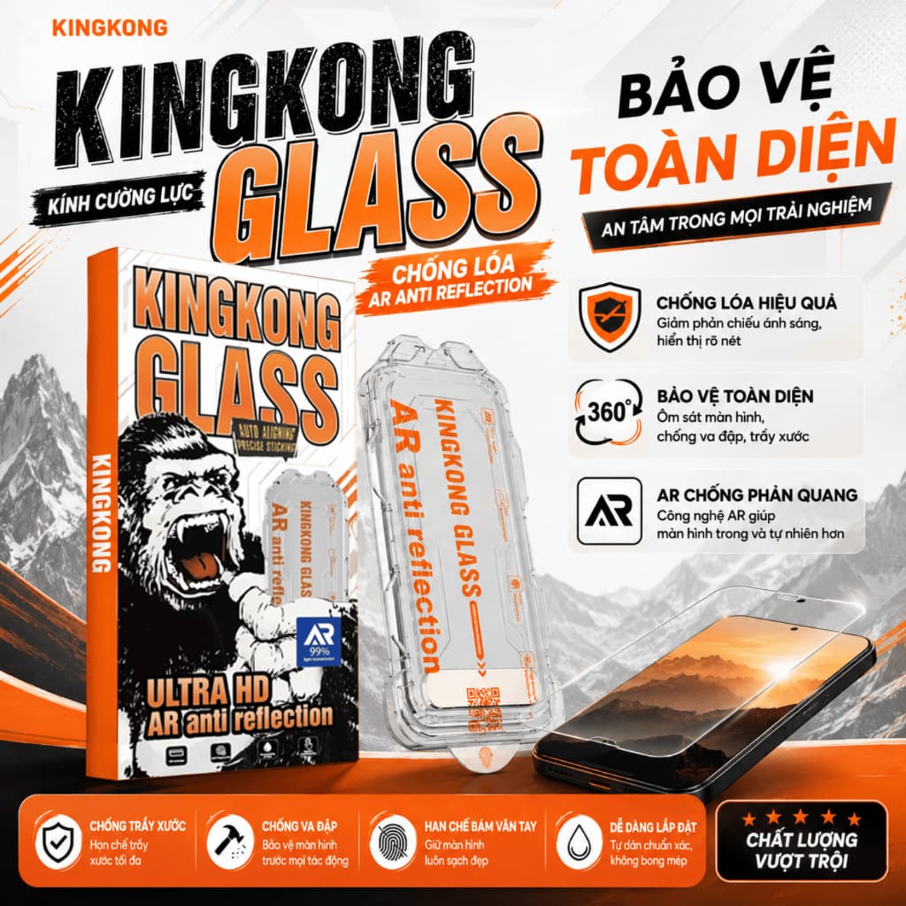 Kính cường lực KINGKONG AR tự dán cao cấp, chống chói lóa, bảo vệ màn hình tuyệt đối cho iph 13 14 15 16 17 18 promax