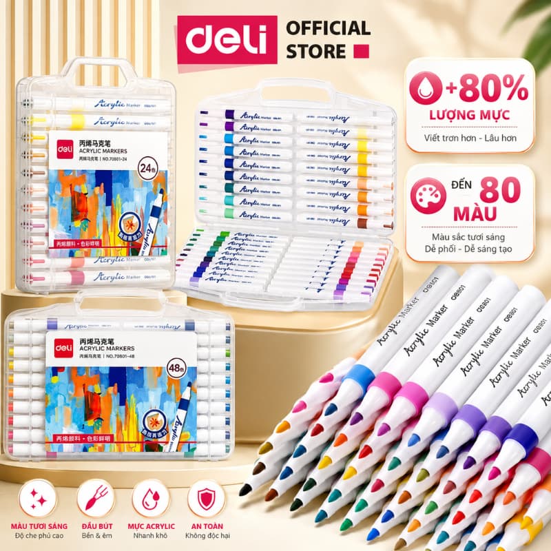 [MUA 3 GIẢM 30%] Bút Sơn Acrylic Marker Deli THÊM 80% MỰC - 12/24/36/48/64 Màu Tô Vẽ Trên Mọi Chất Liệu Giày Vải Cốc