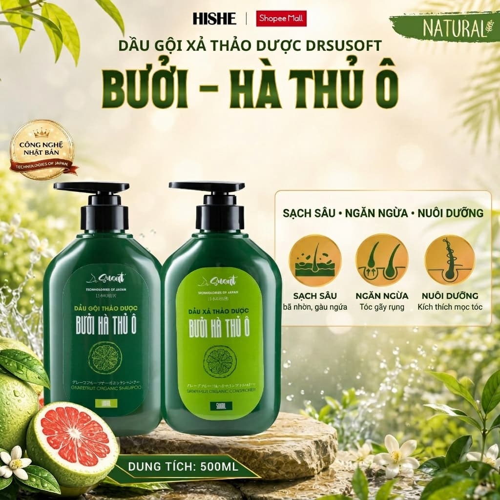 Dầu Gội Xả Bưởi Hà Thủ Ô Susoft – Giảm Gàu và Bết Tóc, Bóng dầu, Kích Mọc Tóc, An Toàn - 500ml