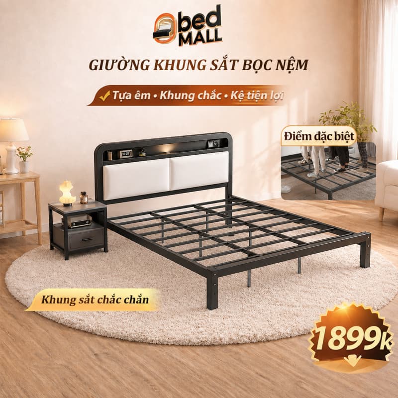 Giường Ngủ Khung Sắt Đen Có Kệ Đầu Giường Tựa Bọc Nệm Siêu Chịu Lực Dễ Lắp Ráp Cho Phòng Ngủ