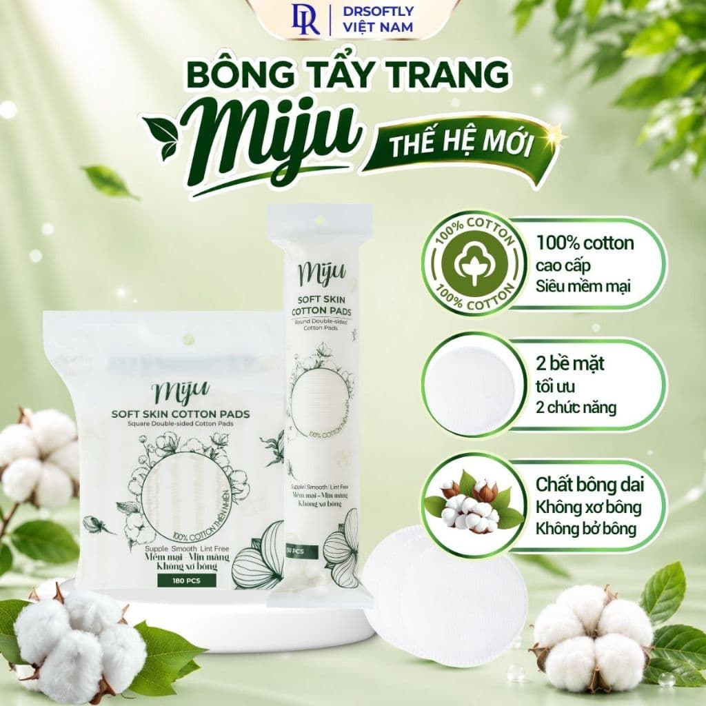Bông Tẩy Trang MIJU Quốc Dân - Siêu Mềm Mịn - 100% Cotton Tự Nhiên - Dập Viền Chắc Chắn - Không Xơ Rách - Thấm Hút Tốt