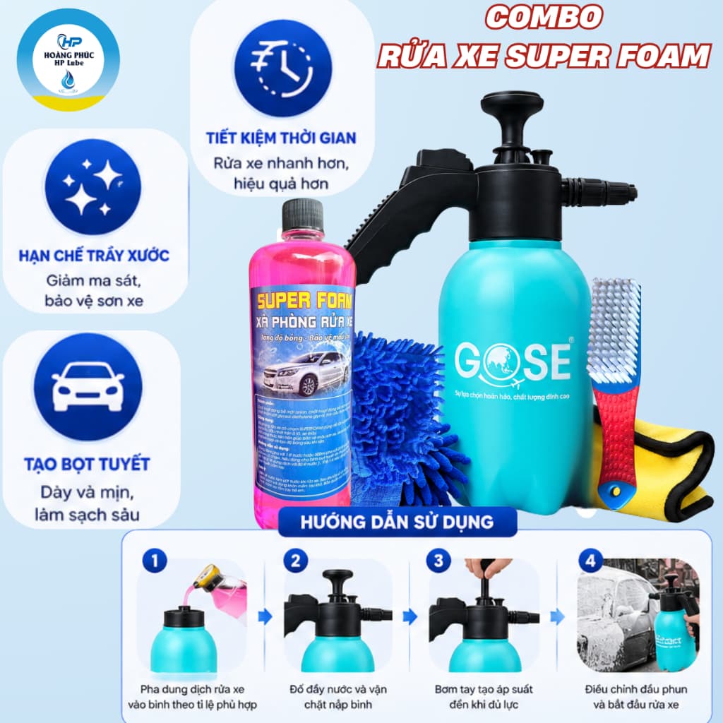 Combo Bình Bọt Tuyết Và Xà Bông Rửa Xe Super Foam 1L Rửa Xe Tặng Khăn, Bao Tay, Bàn Chải Đ Năng