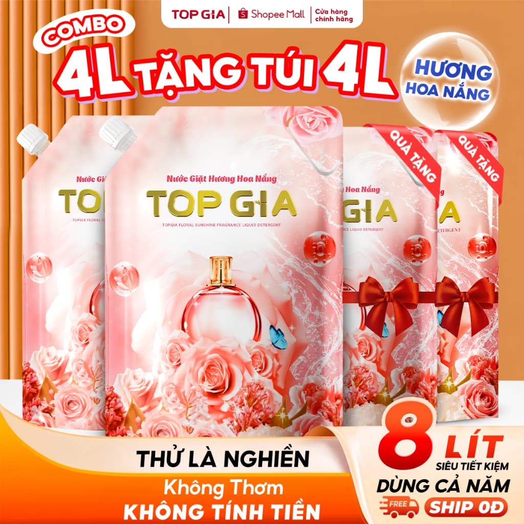 [Mua 4L Tặng 4L] Nước Giặt Xả TopGia Hương Hoa Nắng Ngọt Ngào, An Toàn Lưu Hương Bền Lâu 72H, Túi 2L