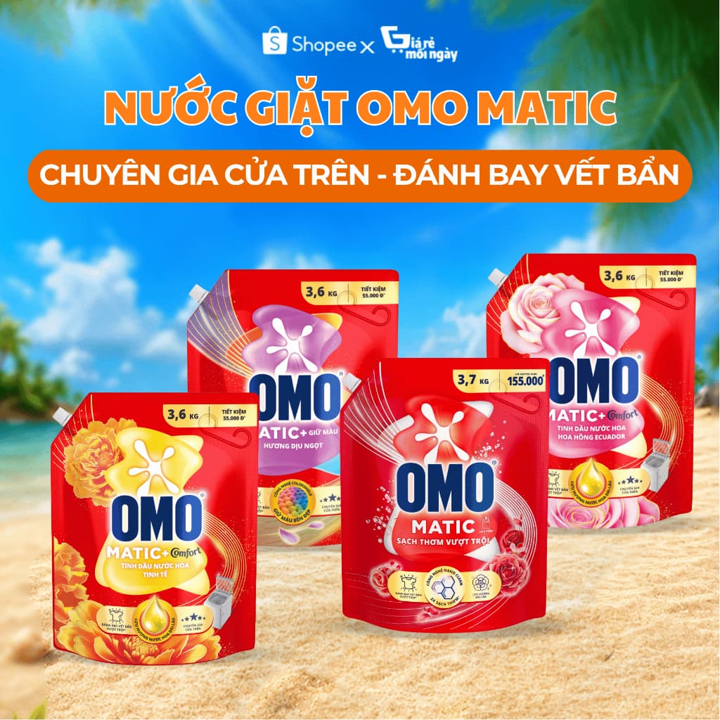 Nước Giặt Omo Matic Cửa Trên Sạch Thơm Giữ Màu - Tinh Dầu Tinh Tế/Hoa Hồng Túi 1.8KG/3.6KG/3.7KG