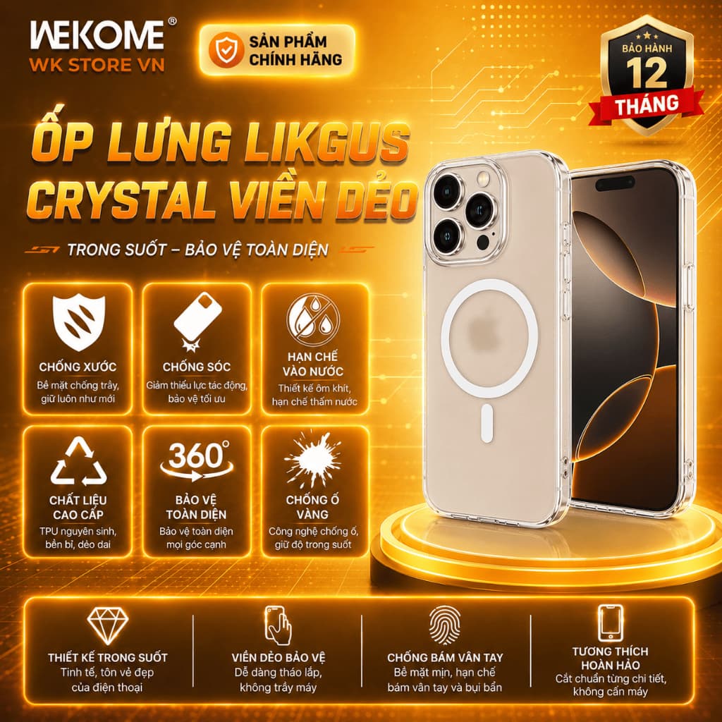 [CHÍNH HÃNG] Ốp Lưng LIKGUS Trong Suốt Màng Bảo Vệ Camera Hỗ Trợ Sạc Không Dây Dùng Cho IP 12-13-14-15-16-Viền Dẻo