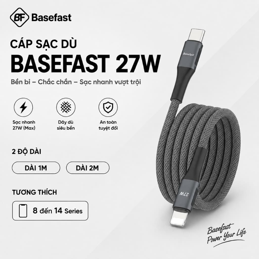 Cáp sạc nhanh 20W Basefast dây C to LN bọc dù dài 1m 2m chống gãy cho Phone xr xs max 11 12 13 14