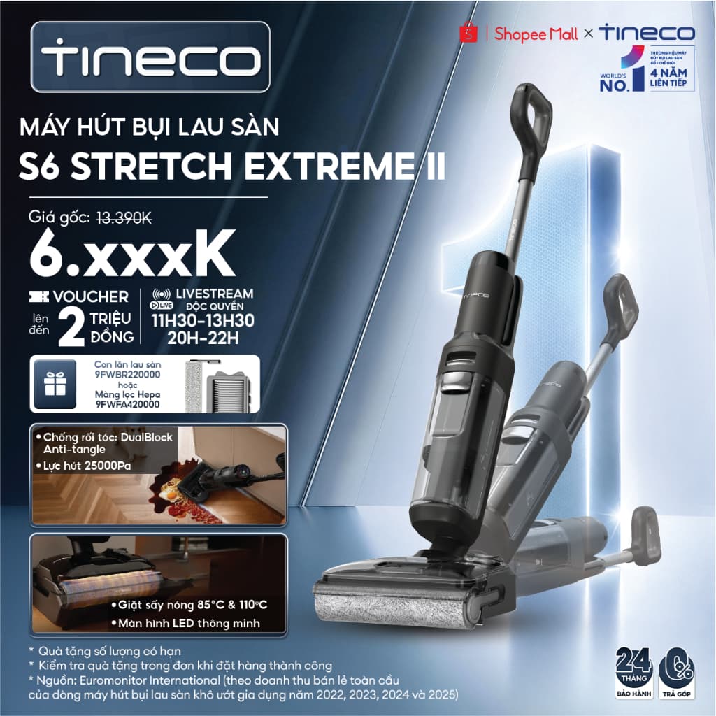 Tineco Floor One S6 Stretch Extreme II | S6 Stretch Extreme Máy hút bụi lau sàn khô ướt - Lực hút 25000Pa - BH 24 Tháng