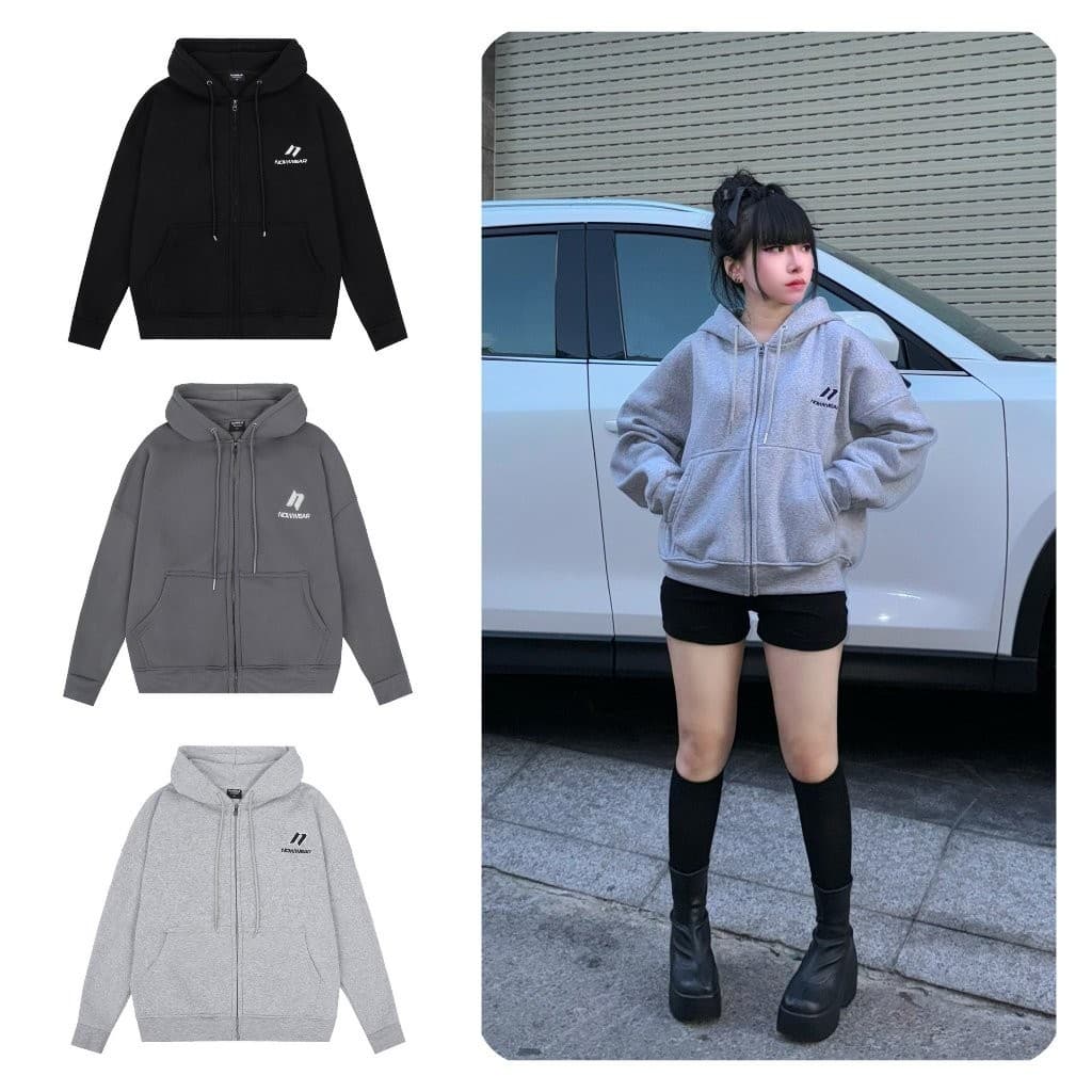 [Xả Kho] Áo khoác hoodie zip nỉ bông form Boxy Nowwear dày 350gsm Thêu Logo Unisex Nam Nữ Bo vải , mũ 2 lớp