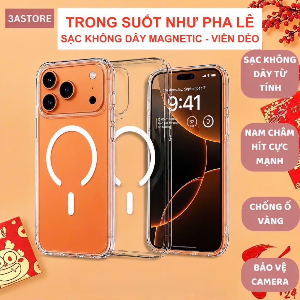 Ốp lưng iphone sạc không dây CRYSTAL MAGNETIC Clear trong suốt chống sốc chống ố vàng ip 16 17 18 pro max plus 3astore