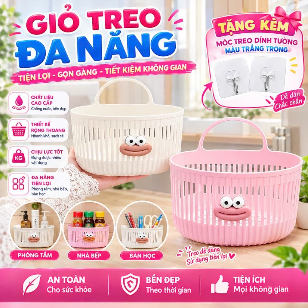 Combo 2c Giỏ Treo Tường Đa Chức Năng Cho Nhà Tắm , Nhà Bếp, Gió Đựng Đồ Meme Xinh Xắn Dễ Thương