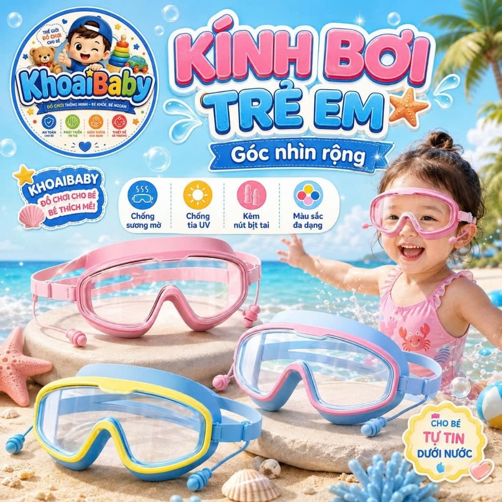 Kính Bơi Trẻ Em góc nhìn rộng có nút bịt tai, Chống Tràn Nước, Sương Mờ,Chống Tia UV